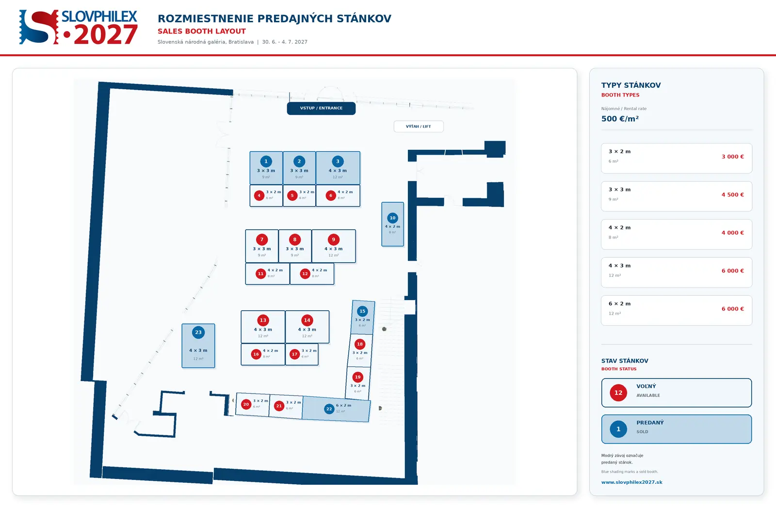 SLOVPHILEX 2027 sales booth layout showing available and sold booths